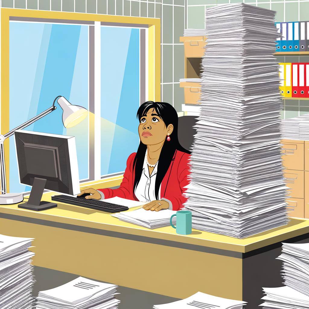 a woman buried under paperwork at her desk at a nonprofit organization looking overwhelmed